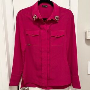 ARMiNE Button Up Gemstone Rhinestone Collared Blouse Womens S Top Pink Fuchsia